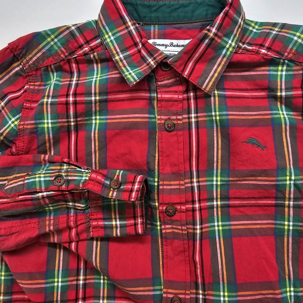 Tommy Bahama Red Green Plaid Shirt Poplin Boys Lโ Button Up Holiday Preppy